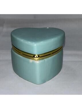 Aqua heart shaped hinged trinket box with gold tone banding